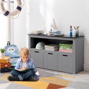 SOSPIRO Kids Toy Storage Organizer with Bins, Toy Storage Cabinet with Bookshelf and Movable Drawers, Wooden Toy Box for Boys and Girls, Nursery, Playroom, Kids Room, Grey