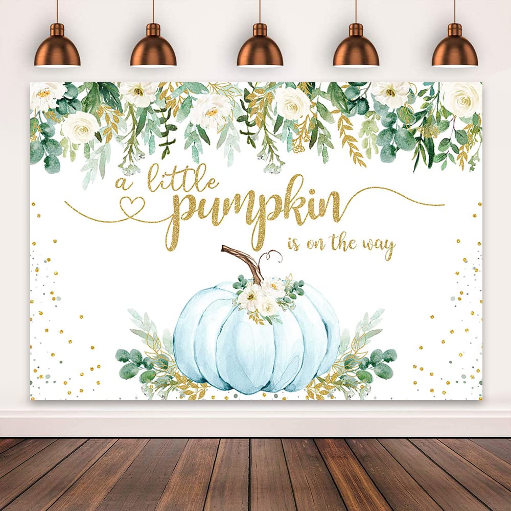 Mocsicka Boy Pumpkin Baby Shower Backdrop Greenery Blue Floral Fall Baby Shower Background A Little Pumpkin is On The Way Baby Shower Party Cake Table Decoration Banner Photo Booth Props (7x5ft)