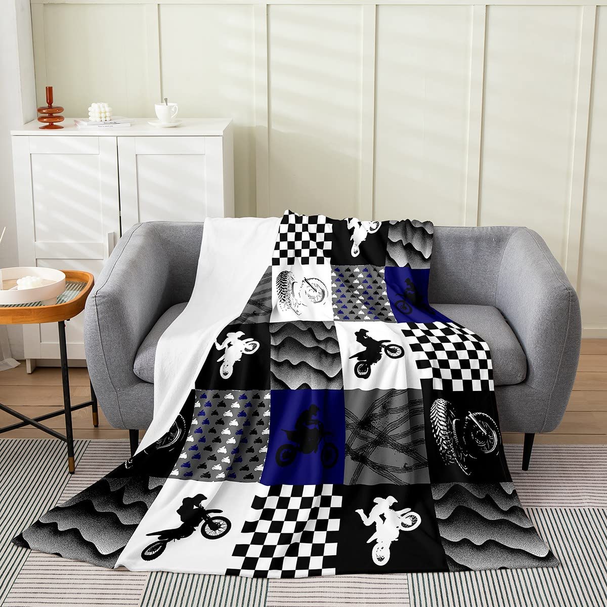 Erosebridal Dirt Bike Throw Blanket for Kids Boys Teens,Grunge Bike Track Fleece Blanket Throw Size,Youth Motocross Flannel Blanket Living Room Decor,Black White Grid Patchwork Fuzzy Blanket Warm