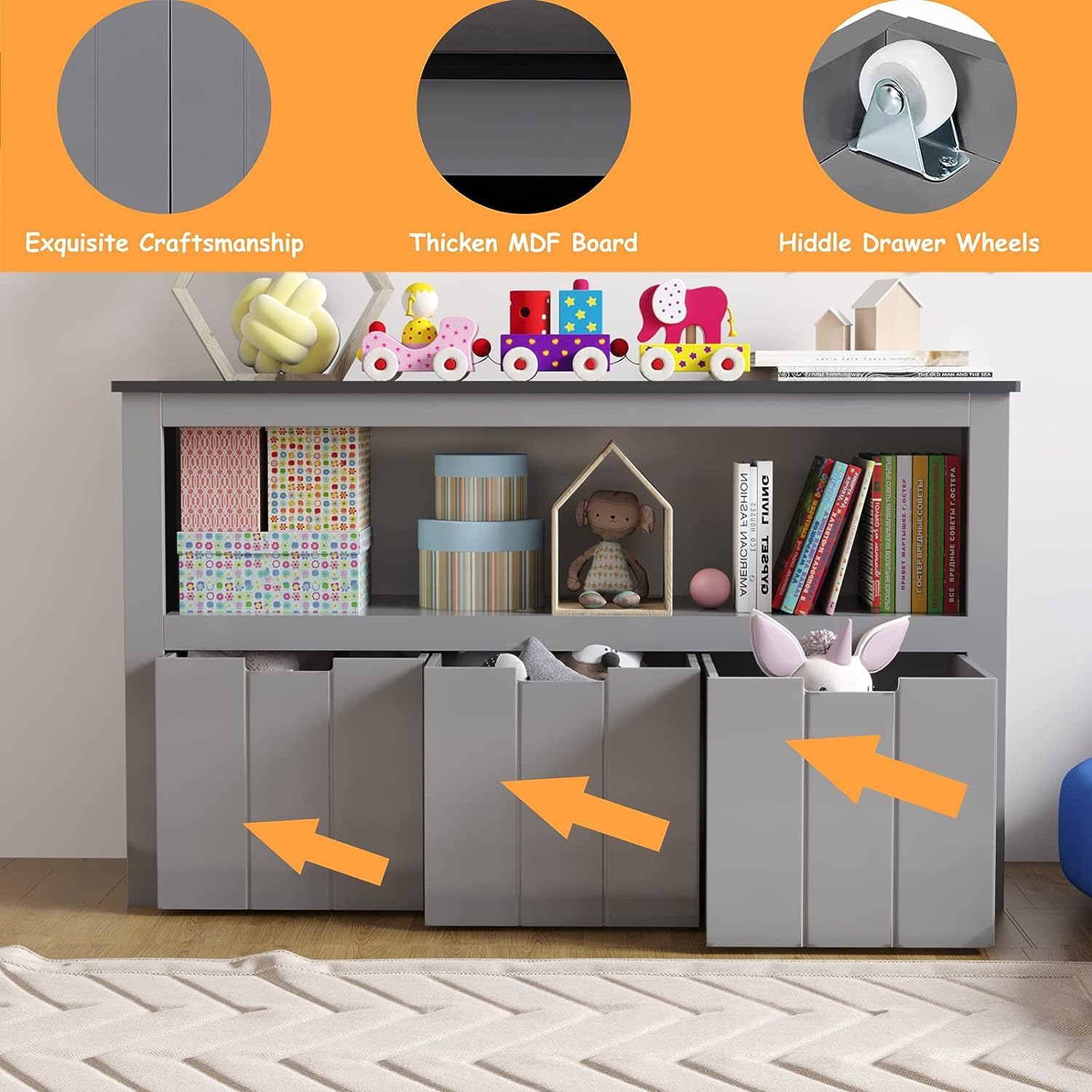 SOSPIRO Kids Toy Storage Organizer with Bins, Toy Storage Cabinet with Bookshelf and Movable Drawers, Wooden Toy Box for Boys and Girls, Nursery, Playroom, Kids Room, Grey