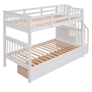 Twin Over Twin Bunk Bed with Stairs and 3 Storage Drawers, Solid Wood Bunk Bed Frame with Storage for Kids, Teens, Adults, Bedroom, Dorm. No Box Spring Needed (White)