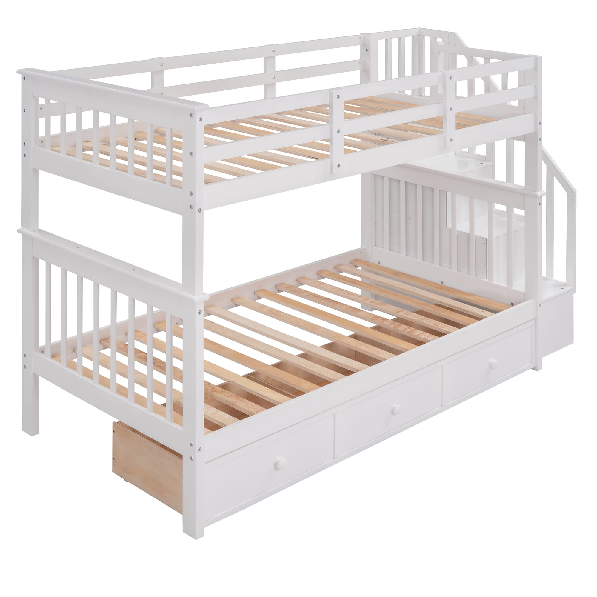 Twin Over Twin Bunk Bed with Stairs and 3 Storage Drawers, Solid Wood Bunk Bed Frame with Storage for Kids, Teens, Adults, Bedroom, Dorm. No Box Spring Needed (White)