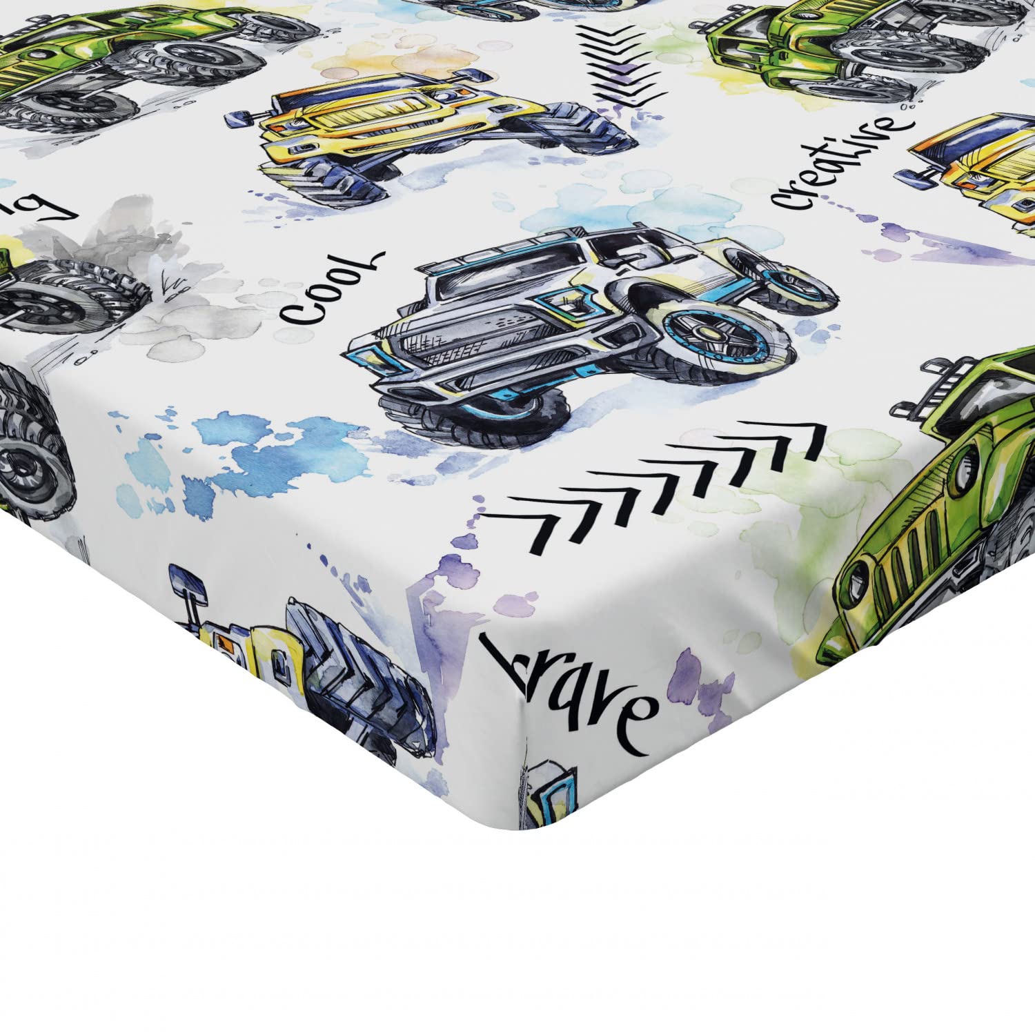 Ambesonne Cars Fitted Sheet Set, Hand Drawn Watercolored Monster Trucks Enormous Wheels Off Road Lifestyle, Bed Cover with All-Round Elastic Deep Pocket 2 Pcs, Twin Size, Yellow Lavender Blue