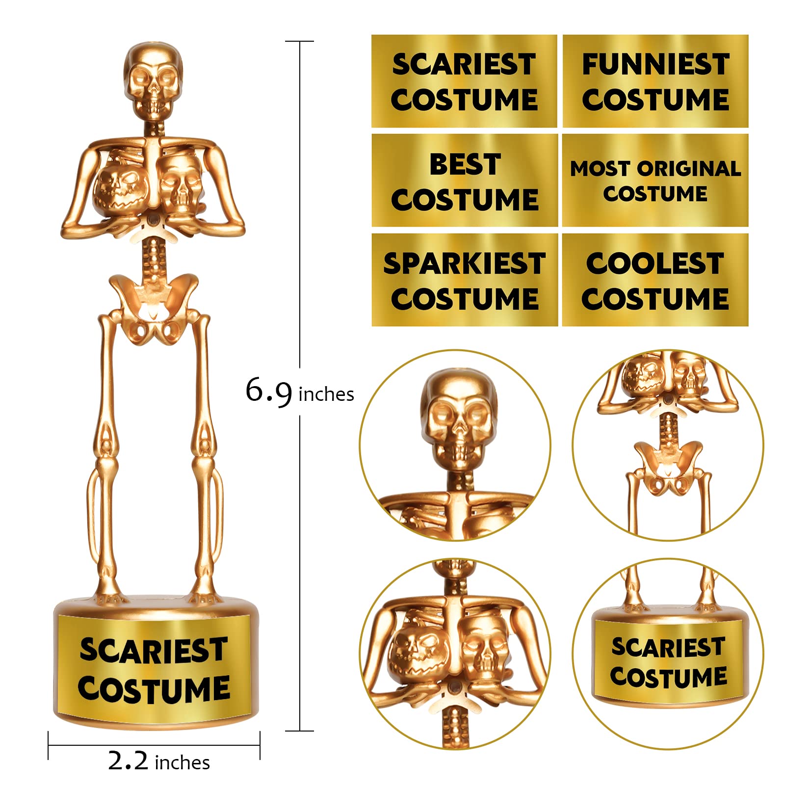 6 Halloween Best Costume Skeleton Trophy, Halloween Skull Party Favor Prizes, Halloween Party Supplies Gold Bones Game Awards, Costume Contest Event Trophy, School Classroom Rewards for Kids (C)