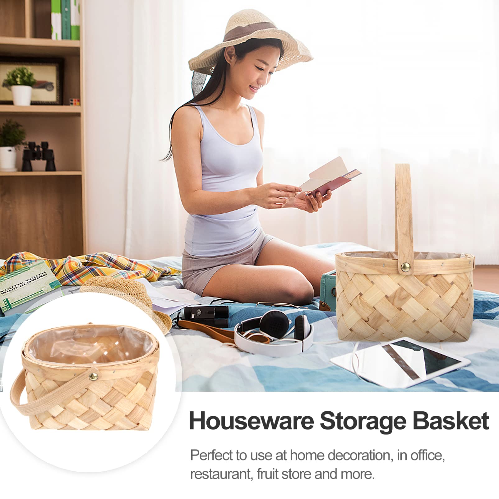 SEWACC Handmade Rattan Storage Container Woven Storage Basket with Handle Seagrass Storage Basket Portable Flower Basket for Home Camping Wedding (Medium)