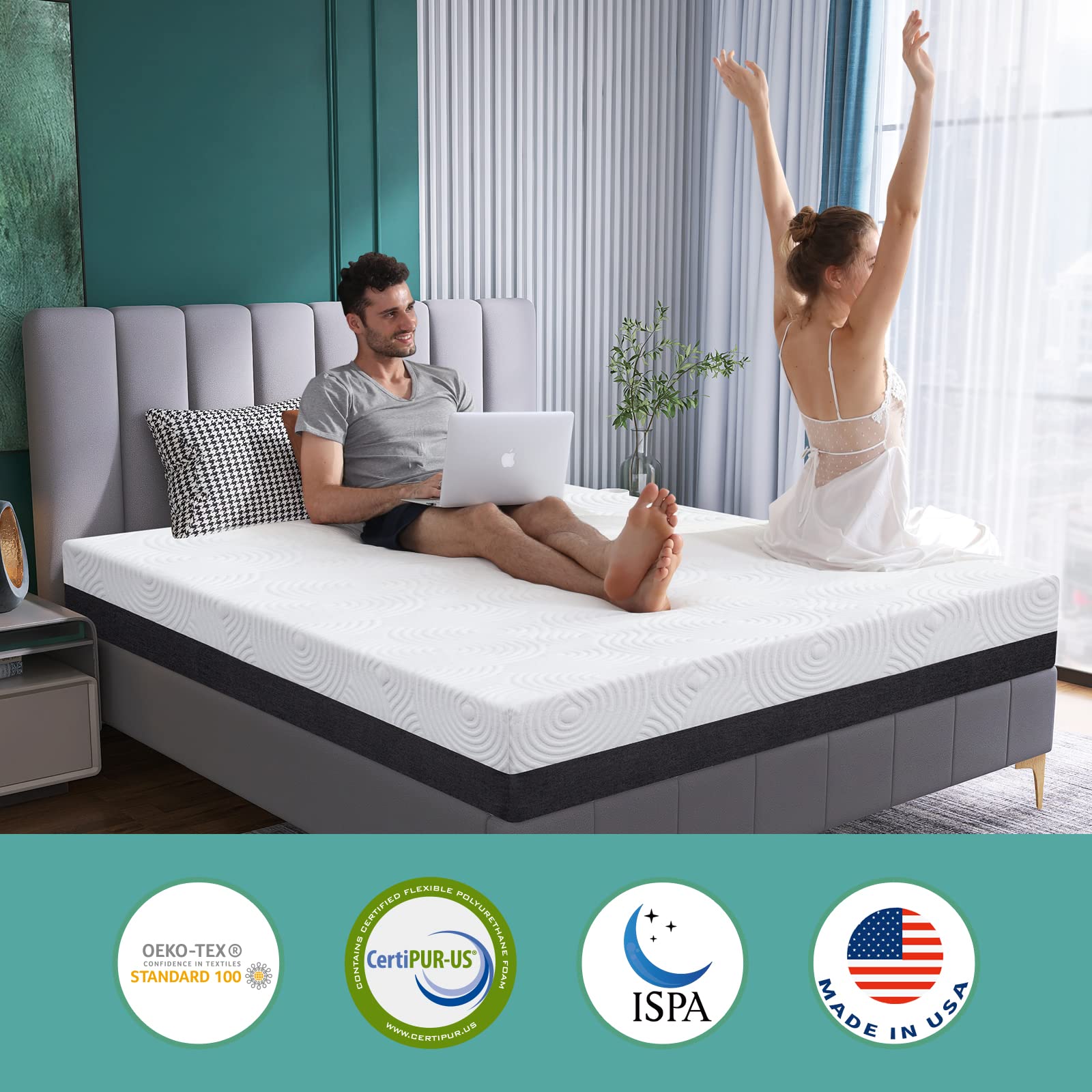 Opoiar King Size Mattress,10 Inch Green Tea Cooling Gel Memory Foam Mattress in a Box,Medium-Firm Mattress Made in USA,Pressure Relief & Temperature Regulation,Fiberglass-Free,CertiPUR-US Certified