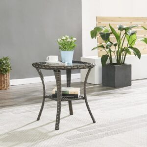 HUMMUH Patio Wicker Side Table Outdoor, Rattan End Table Glass Top Coffee Table with Storage Grey