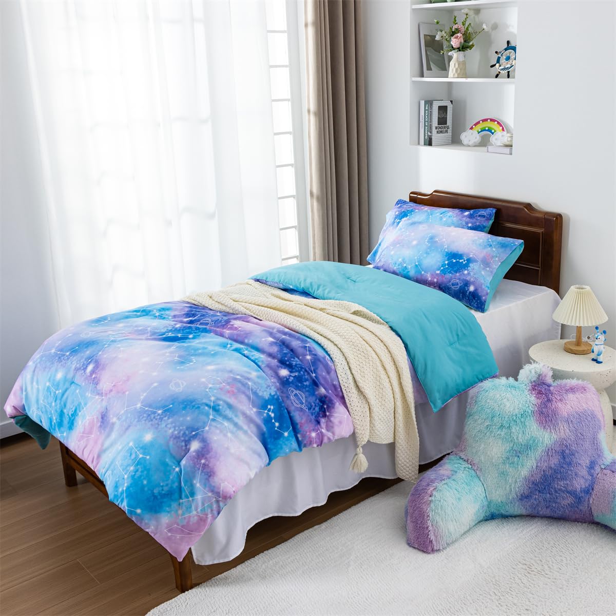 Holawakaka Tie Dye Galaxy Constellation Print Ombre Comforter Set Twin/Twin XL Size Girls Boys Dorm Gradient Space Stars Bedding Set (Blue Purple, Twin)