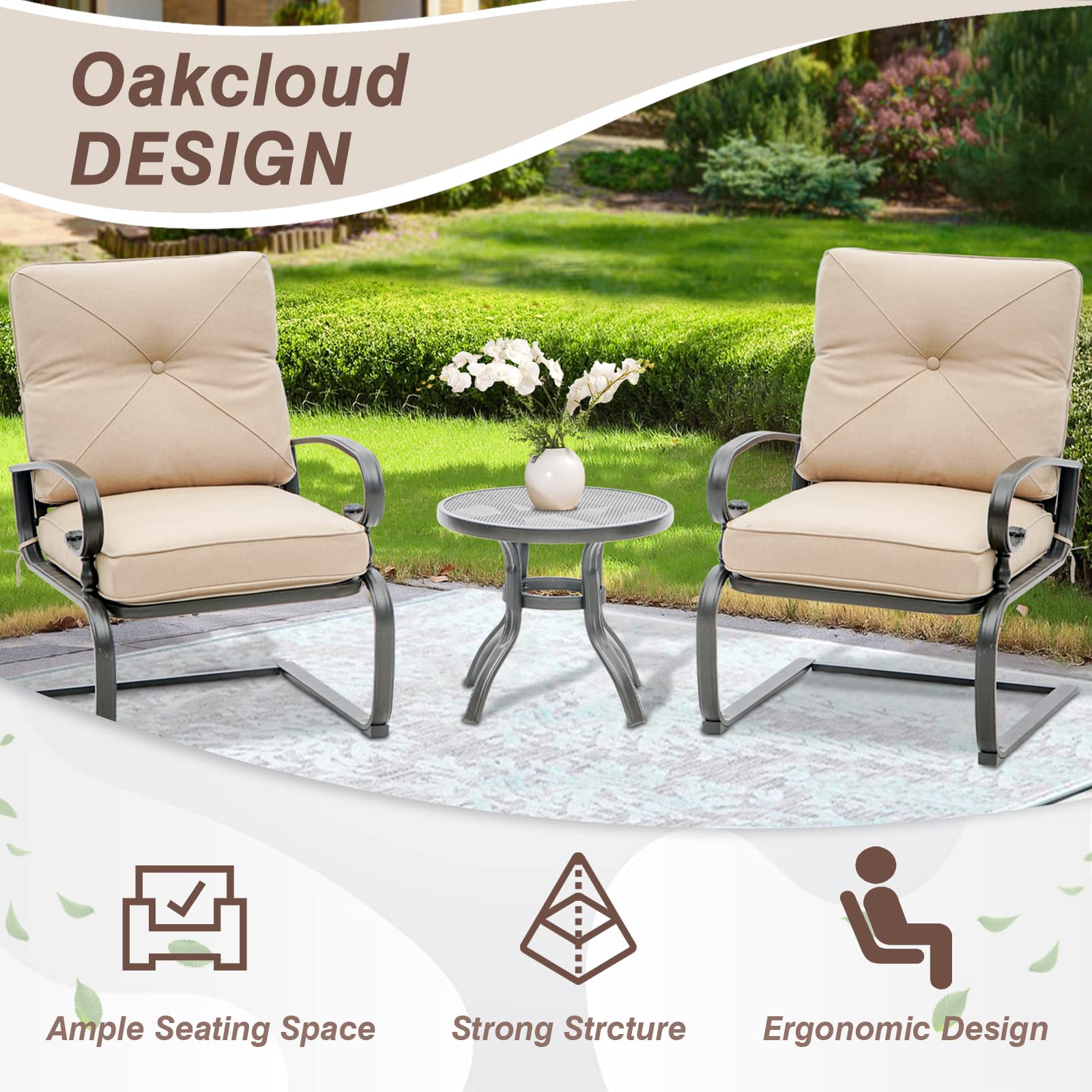 Oakcloud Outdoor Bistro Set 3-Piece Spring Metal Lounge Cushioned Chairs and Bistro Table Set Wrought Iron Cafe Furniture Seat, Brown