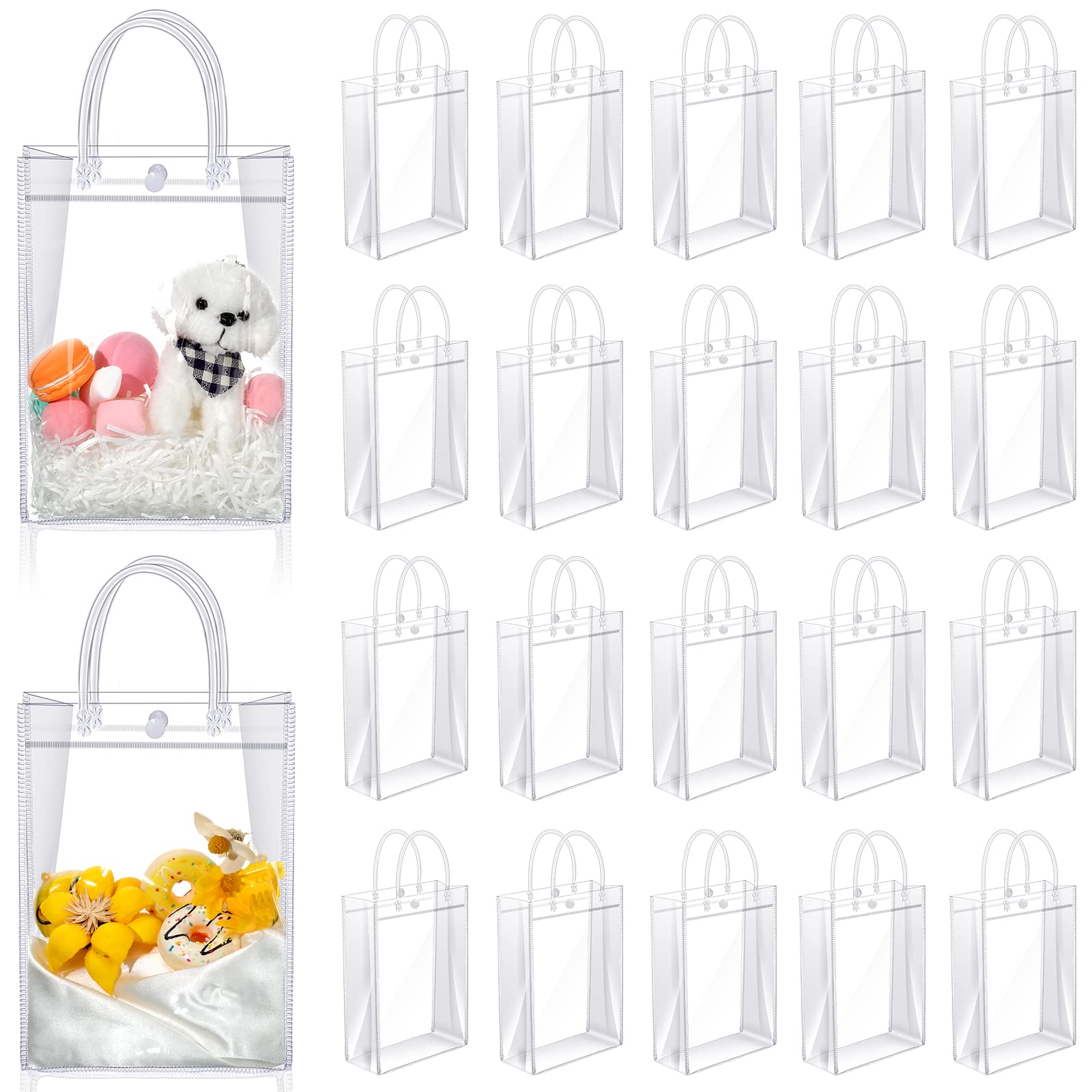 Clear PVC Gift Bags with Handles Reusable Plastic Wrap Tote Bags Transparent Shopping Bags for Christmas Party Favors Weddings Merchandise Retail Small Business, 9 x 6.7 x 2.6 Inches(100 Pieces)