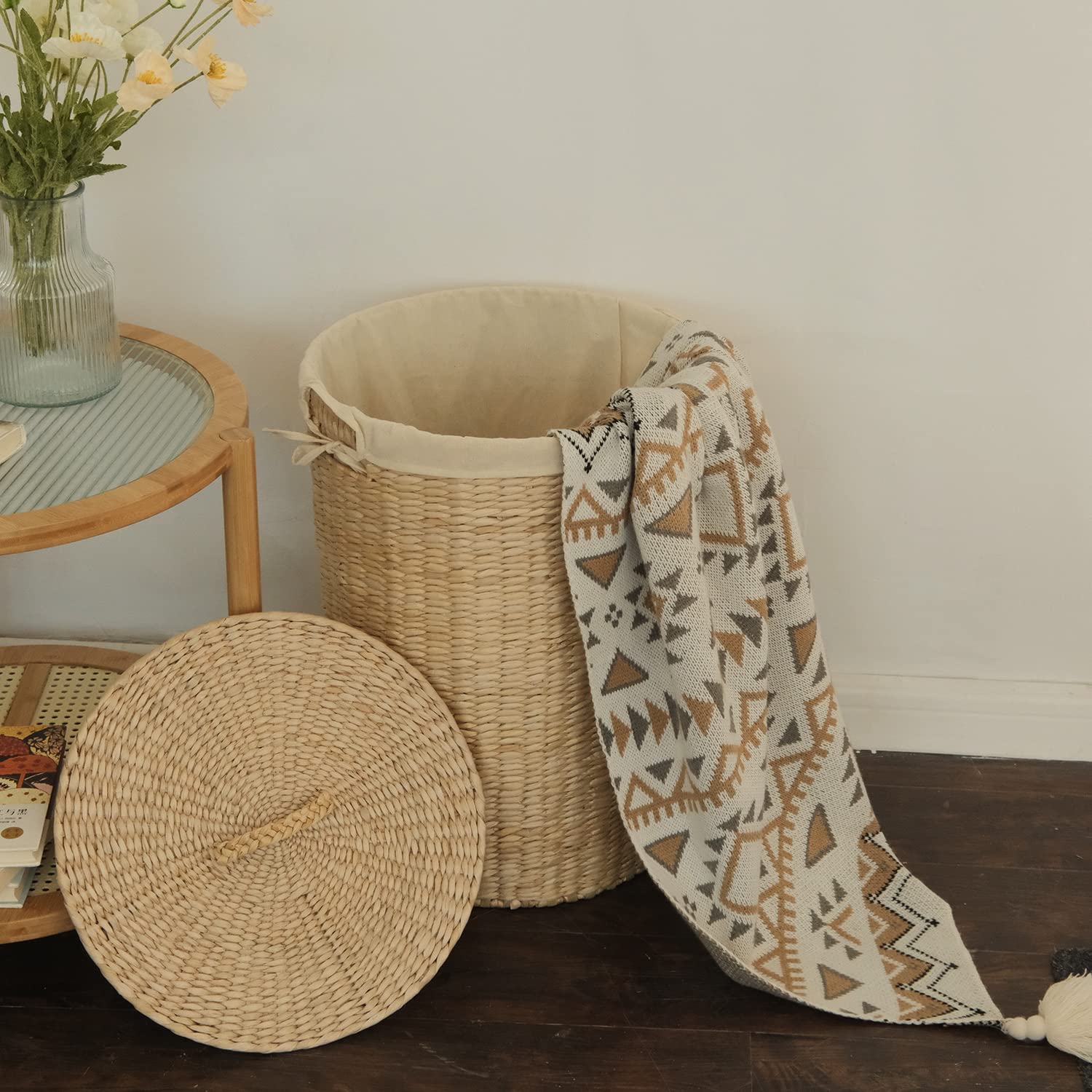 Handmade Wicker Laundry Basket with Lid,Hand-woven Laundry Hamper with Removable Liner,Large Laundry Basket with Ample Laundry Space