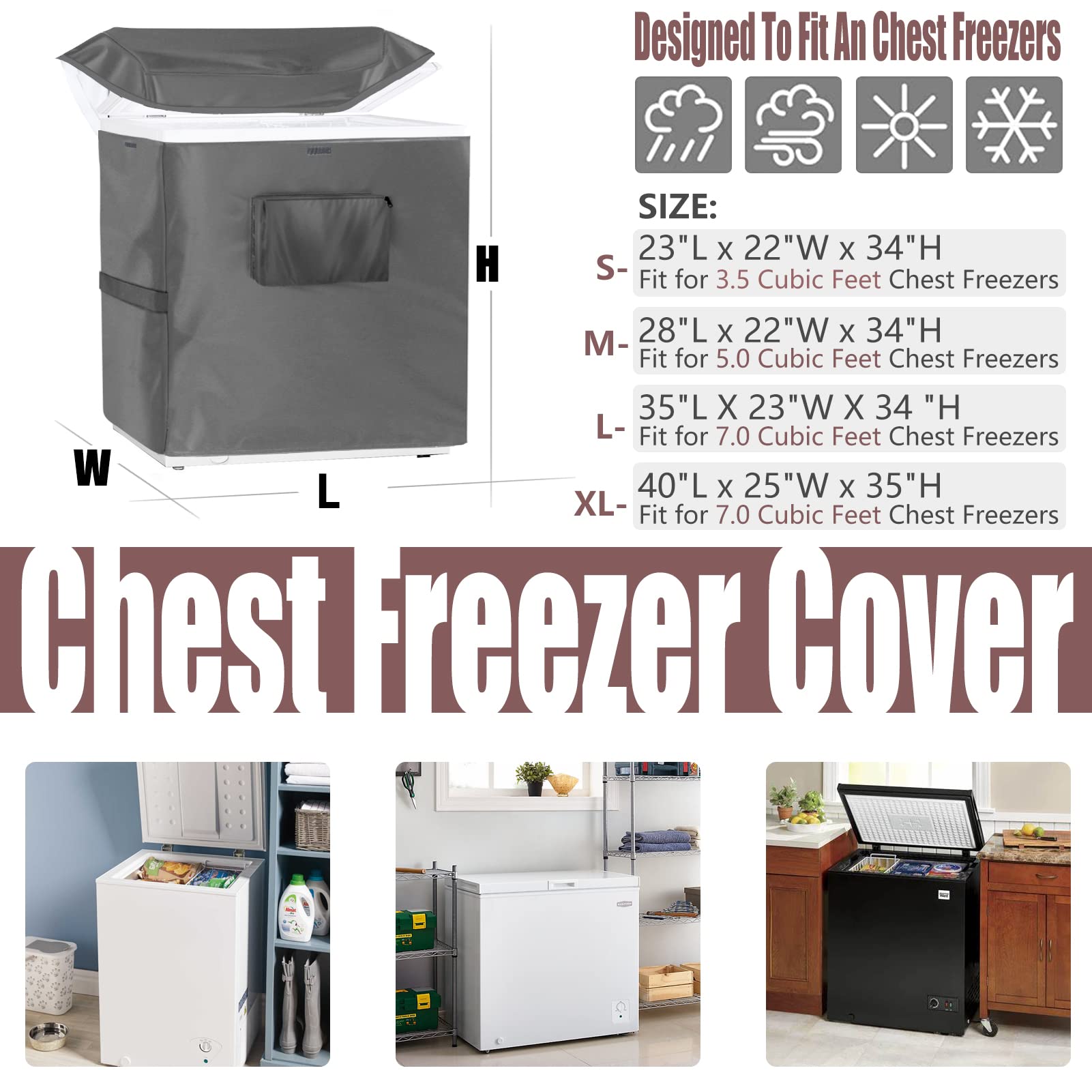 Chest Freezer Cover Deep Freezer Covers for Outside 7.0 Cubic Feet Freezer，Top with Zipper to Open Noise Reduction (Grey, 28"W×22"D×34"H)