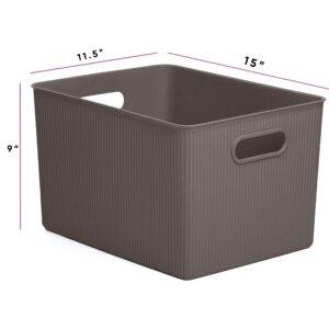 Superio Ribbed Collection - Decorative Plastic Lidded Home Storage Bins Organizer Baskets, X-Large Brown (2 Pack - 22 Liter) Stackable Container Box, for Organizing Closet Shelves Drawer Shelf