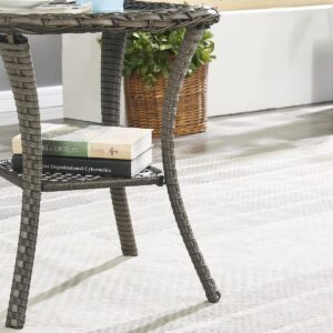 HUMMUH Patio Wicker Side Table Outdoor, Rattan End Table Glass Top Coffee Table with Storage Grey