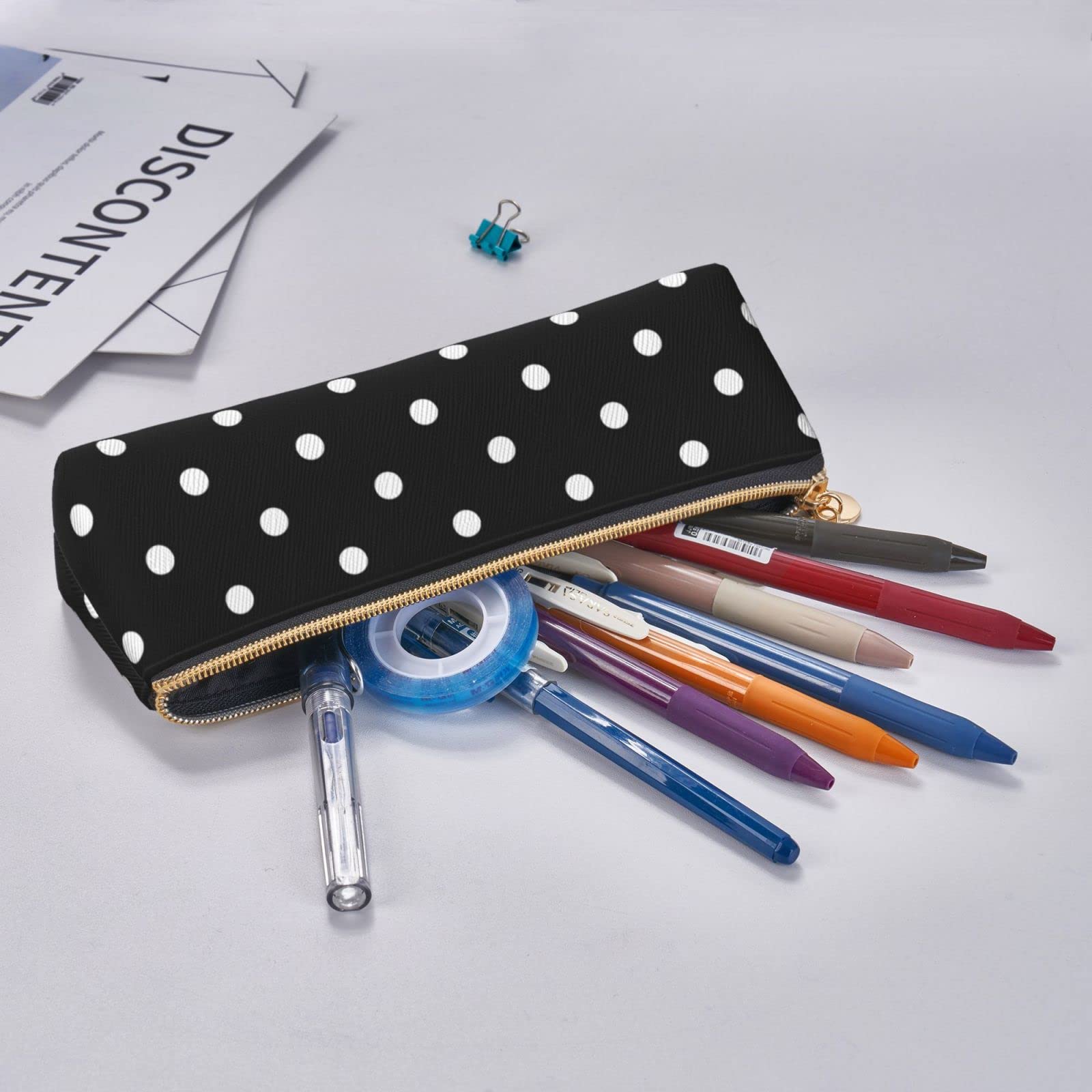 Ykklima Polka Dot Black and White Simple Pattern Leather Pencil Case Zipper Pen Makeup Cosmetic Holder Pouch Stationery Bag for School, Work, Office