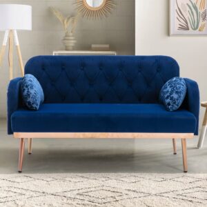 nrizc velvet sofa couch with 2 pillows, modern small loveseat sofa with golden metal legs, navy couch for living room