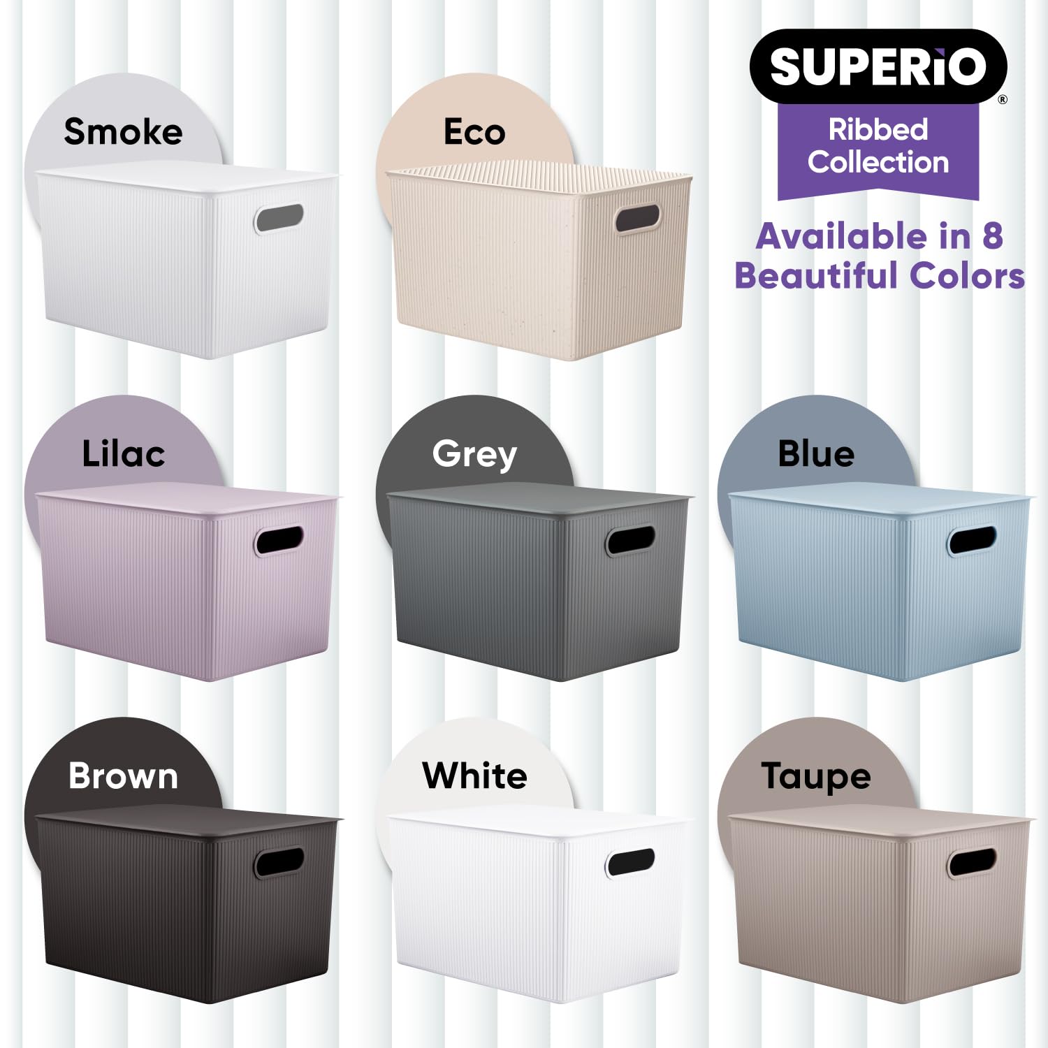 Superio Ribbed Collection - Decorative Plastic Lidded Home Storage Bins Organizer Baskets, X-Large Lilac Purple (2 Pack - 22 Liter) Stackable Container Box, for Organizing Closet Shelves Drawer Shelf