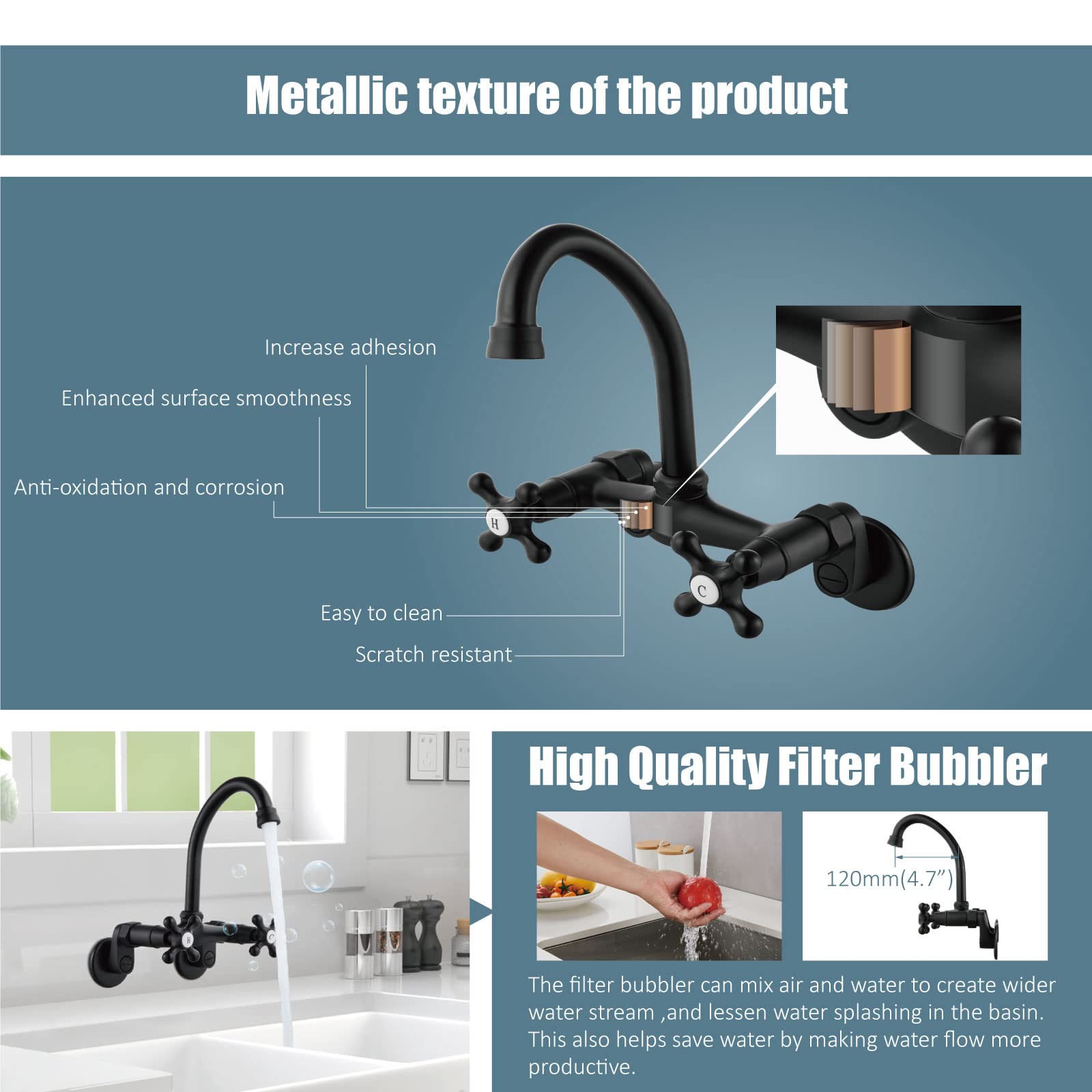 Aolemi Wall Mount Kitchen Faucet 6 Inch Center with Swivel Spout Adjustable Spread 2 Cross Handle Basin Sink Mixer Tap, Matte Black, H&C Label