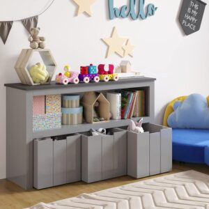 SOSPIRO Kids Toy Storage Organizer with Bins, Toy Storage Cabinet with Bookshelf and Movable Drawers, Wooden Toy Box for Boys and Girls, Nursery, Playroom, Kids Room, Grey