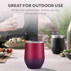 FineDine Triple Insulated Wine Tumbler With Lid (4 Pack) 12oz Stainless Steel Set- Tumblers Keep Drinks Hot & Cold for Outdoors, Beach, Picnics- Unbreakable Glasses With BPA Free Lids (Purple Print)