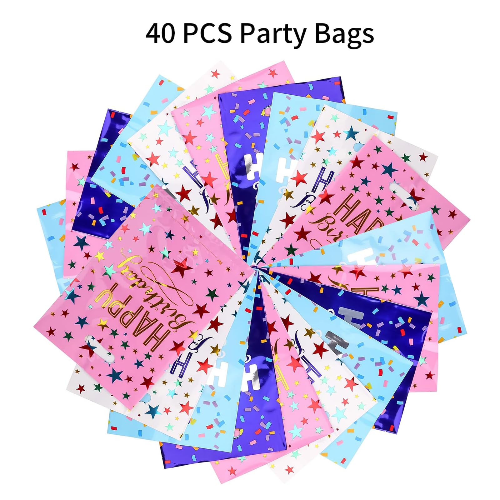 PintreeLand Medium(6.7 * 9.8inch) Happy Birthday Party Favor Bags 40 PCS Plastic Goodies Loot Bags Bulk for Kids Baby Girls & Boys Birthday Return Gift (B Style 40 Packs)