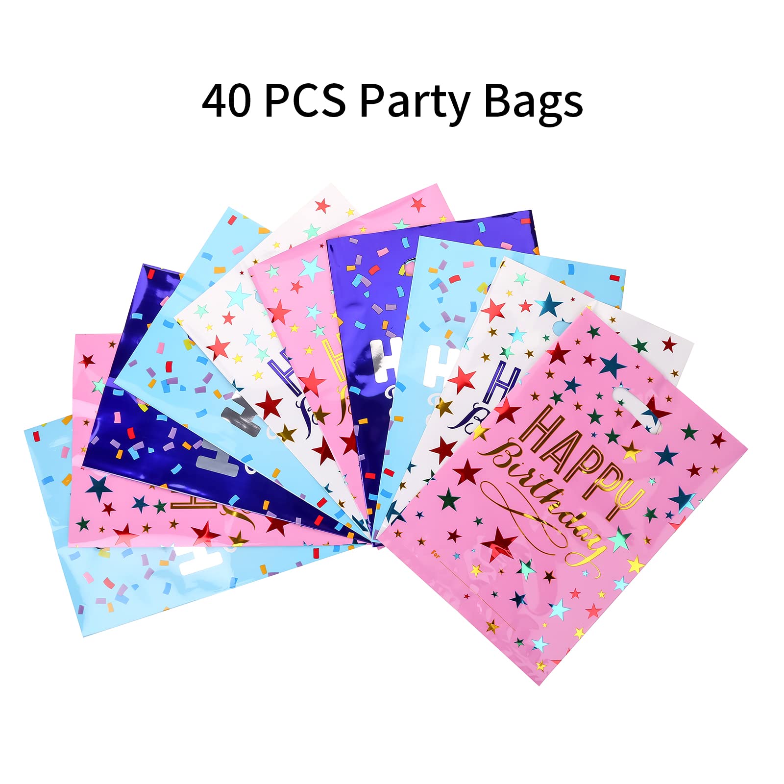 PintreeLand Medium(6.7 * 9.8inch) Happy Birthday Party Favor Bags 40 PCS Plastic Goodies Loot Bags Bulk for Kids Baby Girls & Boys Birthday Return Gift (B Style 40 Packs)