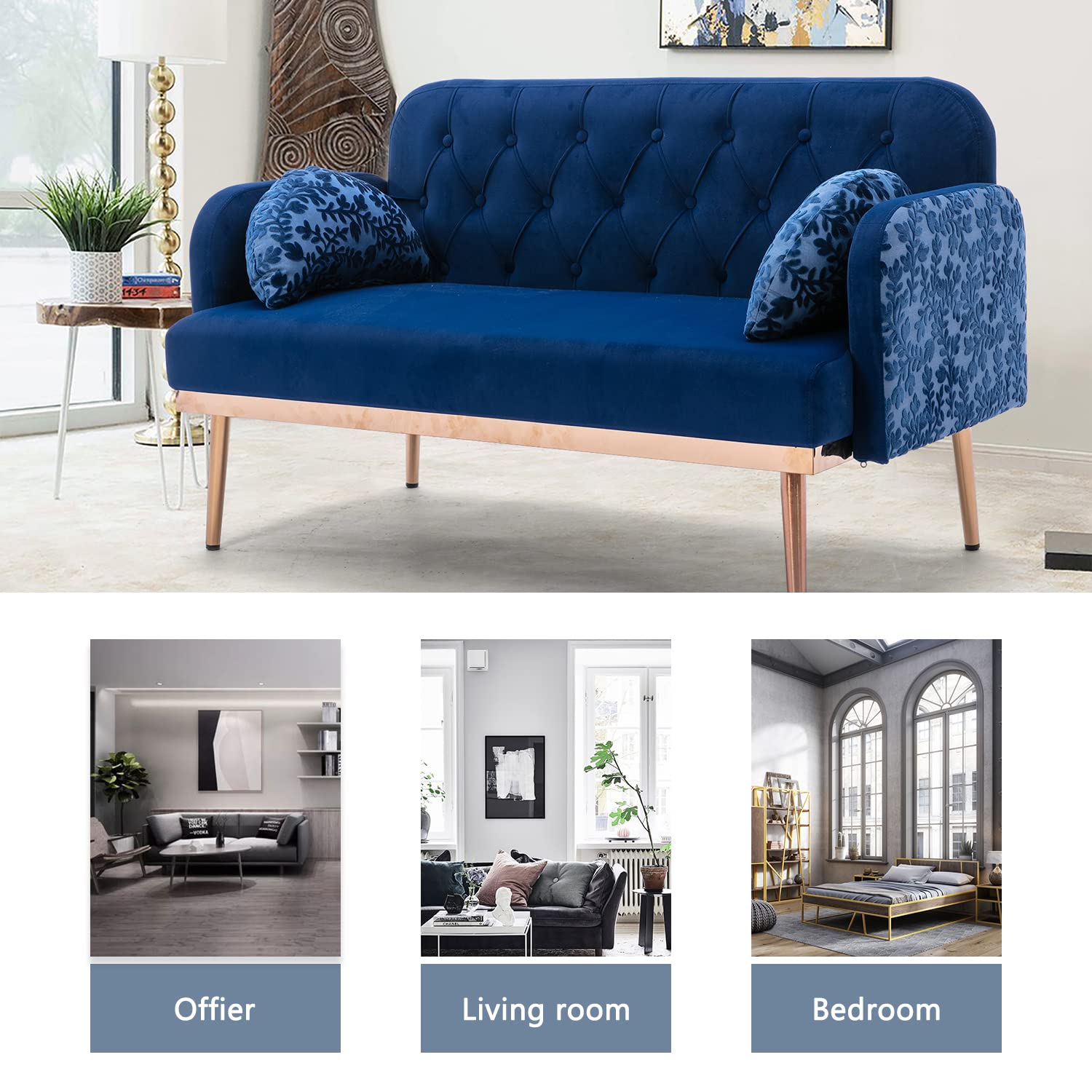 Nrizc Velvet Sofa Couch with 2 Pillows, Modern Small Loveseat Sofa with Golden Metal Legs, Navy Couch for Living Room