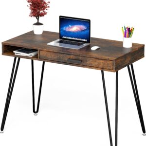 SHW Home Office Computer Hairpin Leg Desk with Drawer, Rustic Brown