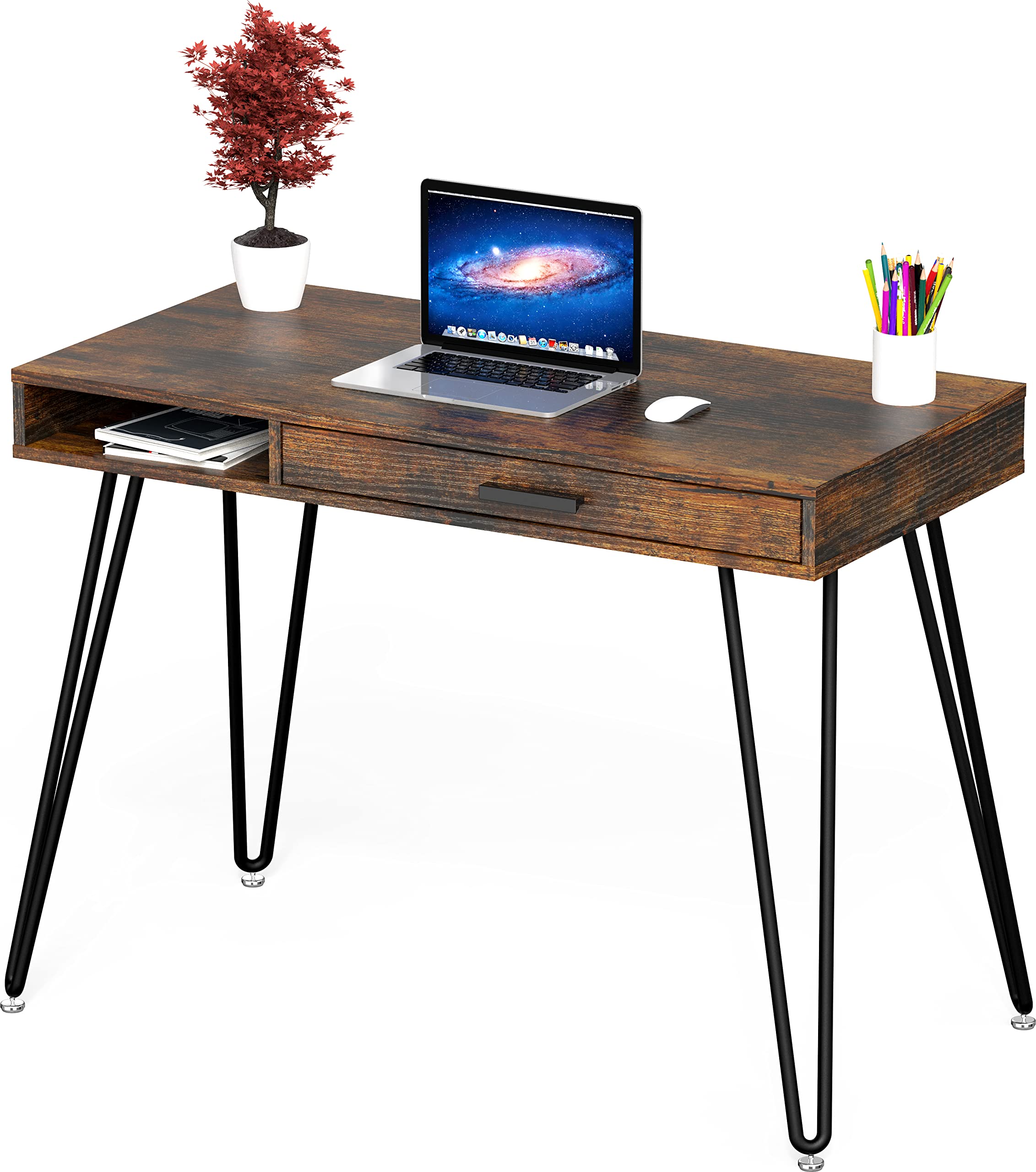 SHW Home Office Computer Hairpin Leg Desk with Drawer, Rustic Brown