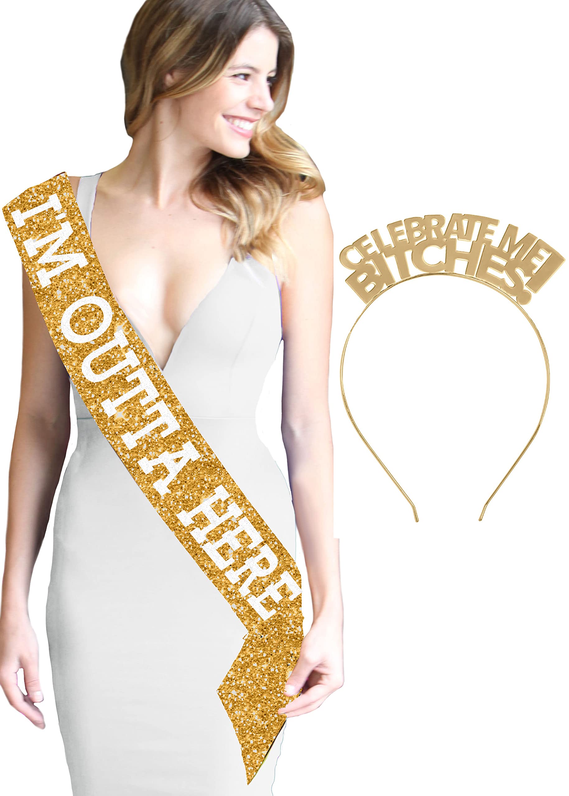 RhinestoneSash I'm Outta Here Gold Glitter Sash and Celebrate Me Headband - 2PC SET - Retirement, Graduation Party Supplies Gold Set