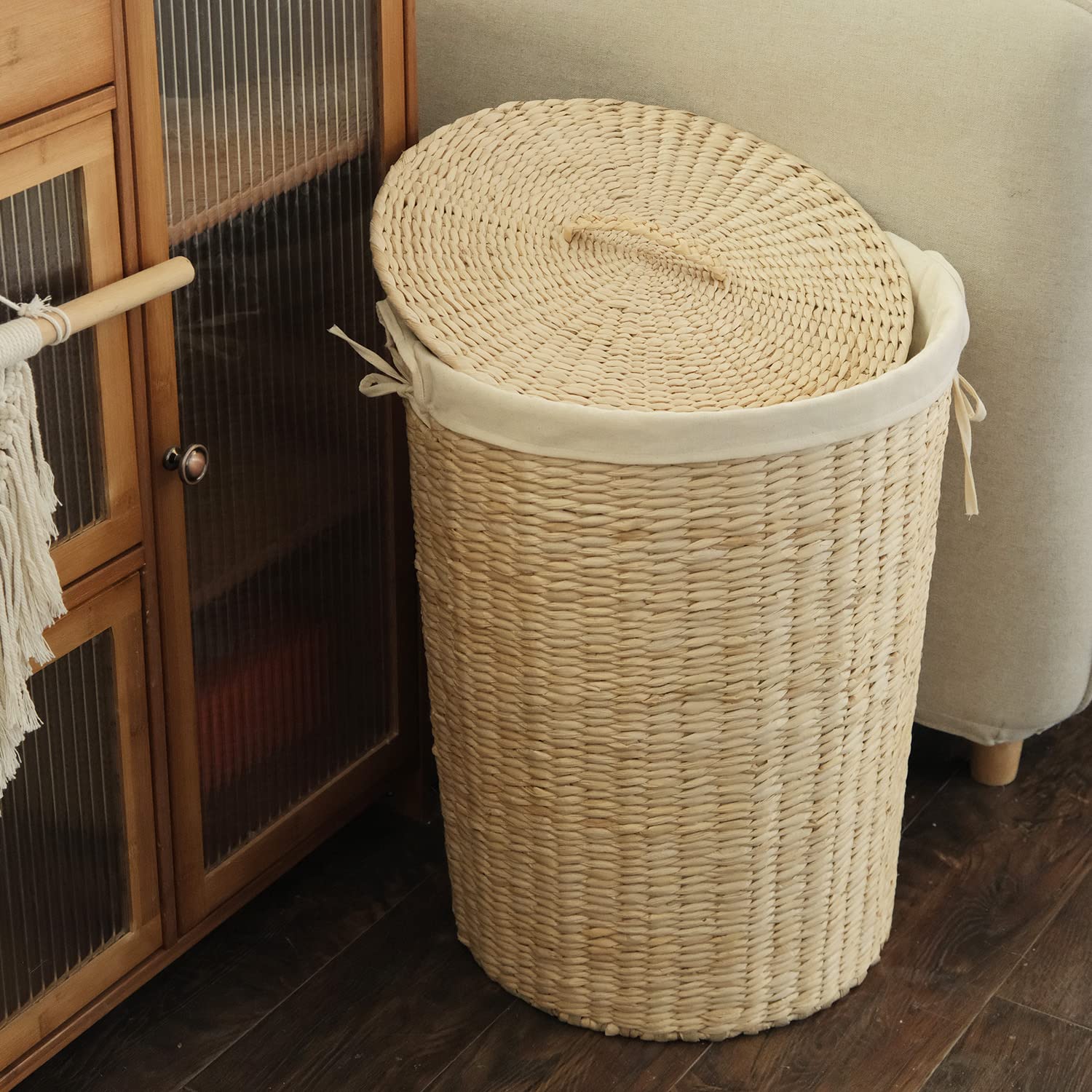 Handmade Wicker Laundry Basket with Lid,Hand-woven Laundry Hamper with Removable Liner,Large Laundry Basket with Ample Laundry Space