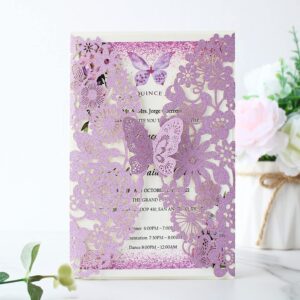 Hosmsua 5.1x7.3'' 50PCS Purple Glitter Quinceanera Invitation Kit Laser Cut Flora Butterfly Invitation Cards Pocket with Envelopes for Bridal Shower Sweet 16 Wedding Invitation (Purple Glitter)