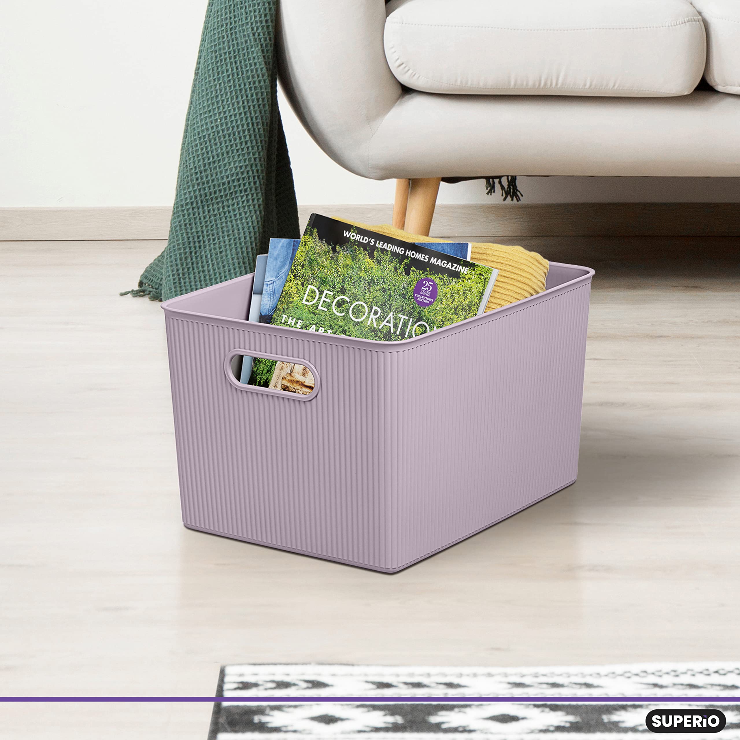 Superio Ribbed Collection - Decorative Plastic Lidded Home Storage Bins Organizer Baskets, X-Large Lilac Purple (2 Pack - 22 Liter) Stackable Container Box, for Organizing Closet Shelves Drawer Shelf