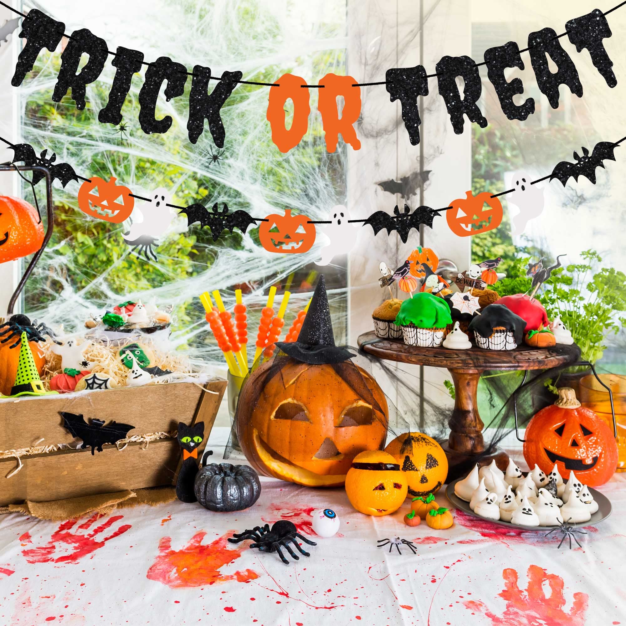 Pre-Strung Trick or Treat Banner - NO DIY - Black Glitter Halloween Banner - Pre-Strung Garland on 8 ft Strand - Pumpkins Ghosts & Bats Halloween Party Decorations & Decor. Did we mention no DIY?