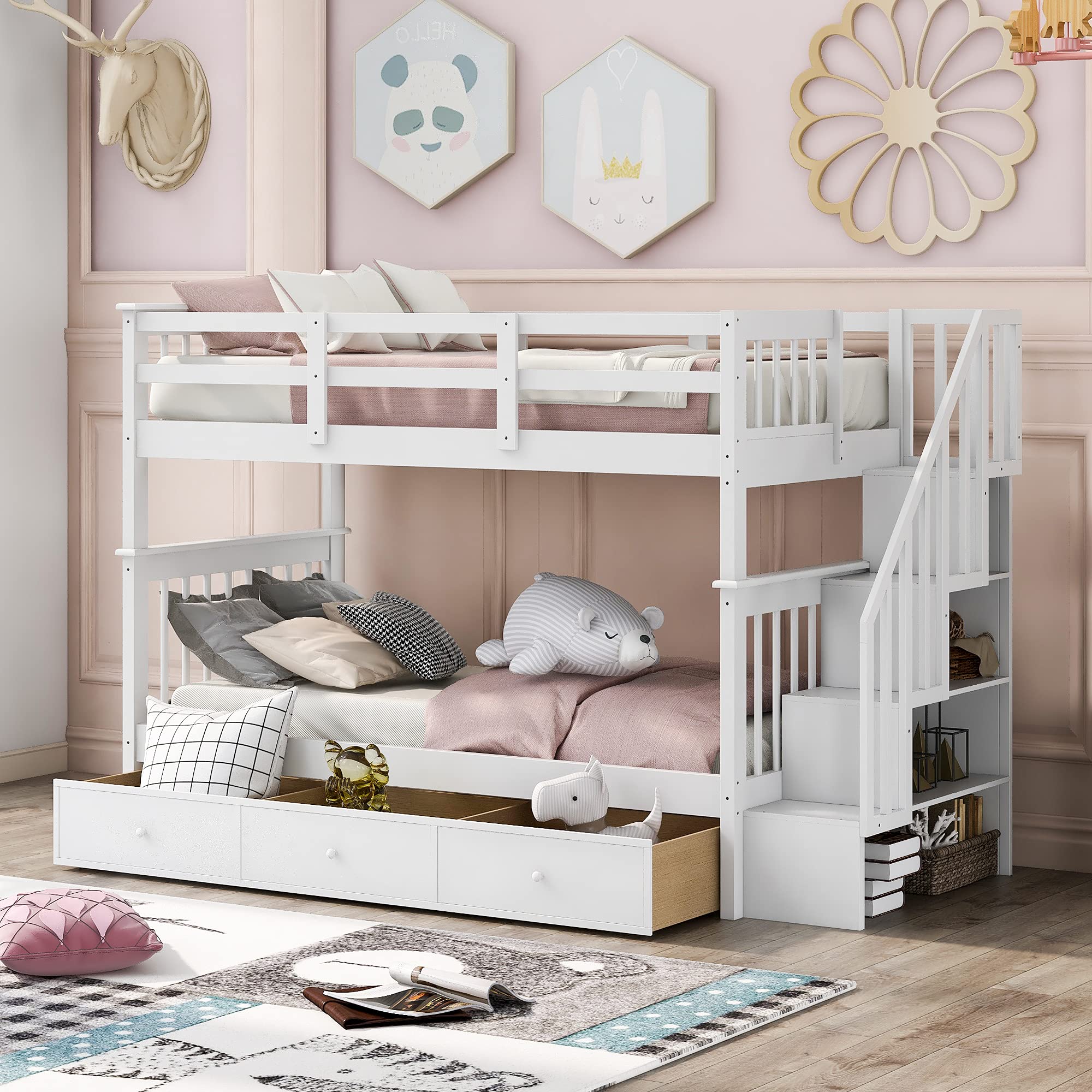 Twin Over Twin Bunk Bed with Stairs and 3 Storage Drawers, Solid Wood Bunk Bed Frame with Storage for Kids, Teens, Adults, Bedroom, Dorm. No Box Spring Needed (White)