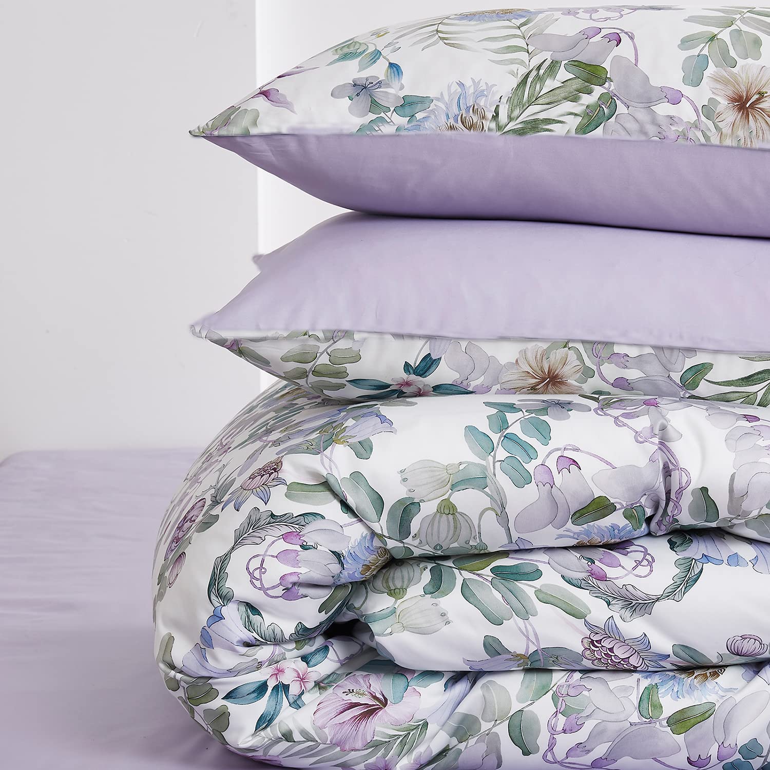 Floral Garden Style Duvet Cover Set Watercolor Purple Bedding Set Smooth Soft Flowers Green Botanical Pattern 3 Pieces 1 Comforter Cover + 2 Pillow Shams(Queen, No Comforter)