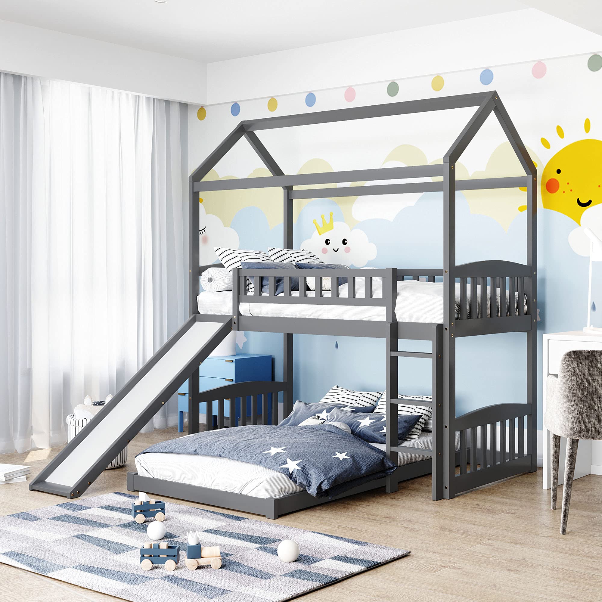 Harper & Bright Designs Twin Over Twin Bunk Bed with Slide, House Bunk Bed with Slide, Playhouse Bed for Toddlers Kids Girls Boys - Gray