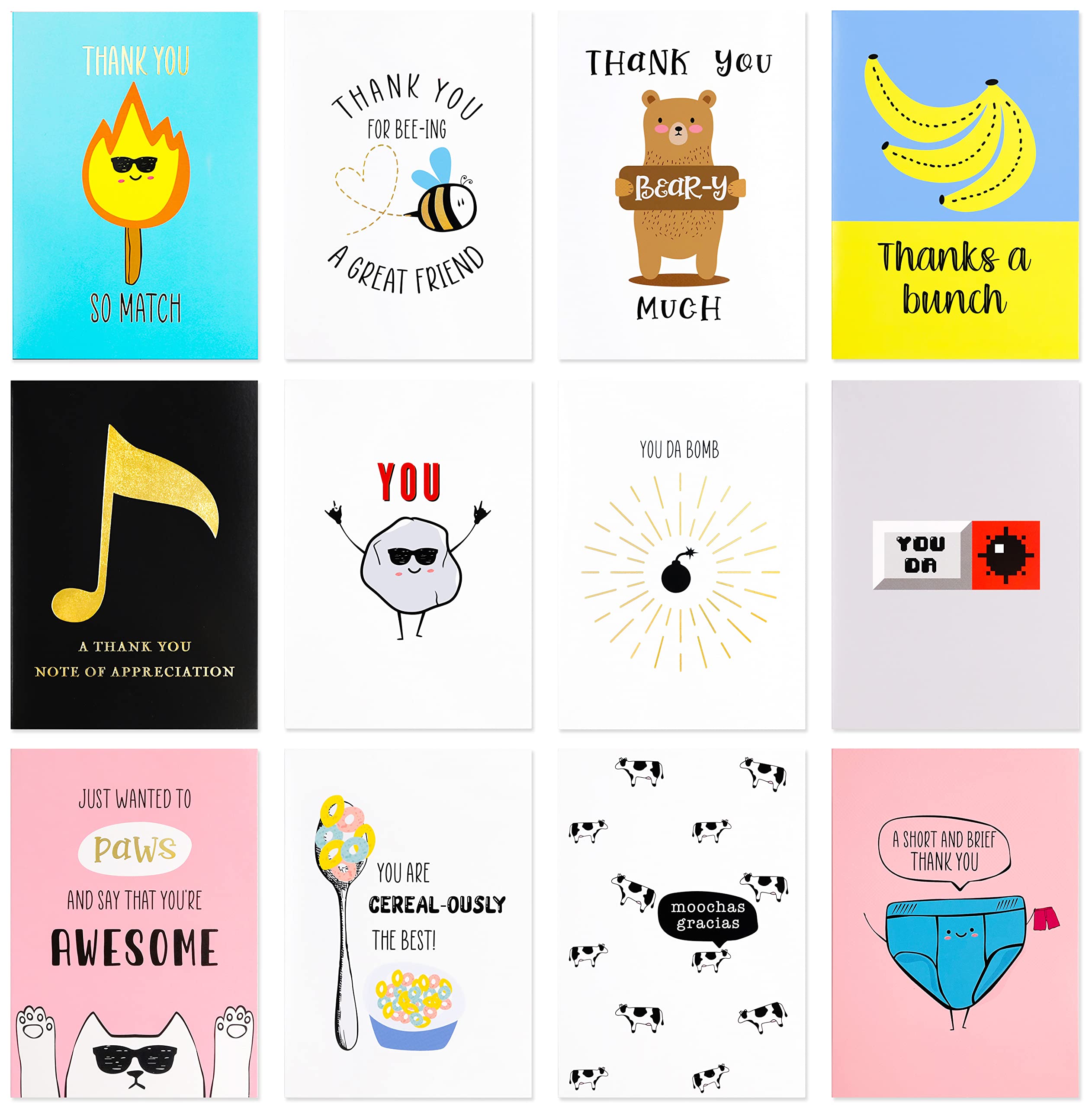 【12 Pack】Large Funny Thank You Cards – Big Size 5 x 7 Inch – Appreciation Cards and Pun Cards Printed on Premium Thick 350 GSM Paper – 12 Unique Eye Catching Designs in Funny Themes – Funny Greeting