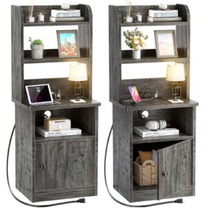 tall nightstands set of 2 with charging station and usb ports - 47" tall bedside table with adjustable bookshelf, end table side table with storage cabinet for bedroom home office, grey