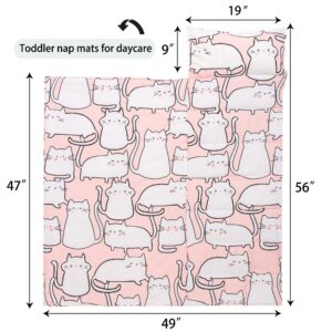 Rossison Nap Mat with Pillow and Blanket 100% Cotton with Microfiber Fill, Padded Sleeping Mat, for Daycare Preschool Toddler Prek Boys Girls Kids (Pink White Cat, Extra Long-56"x20")