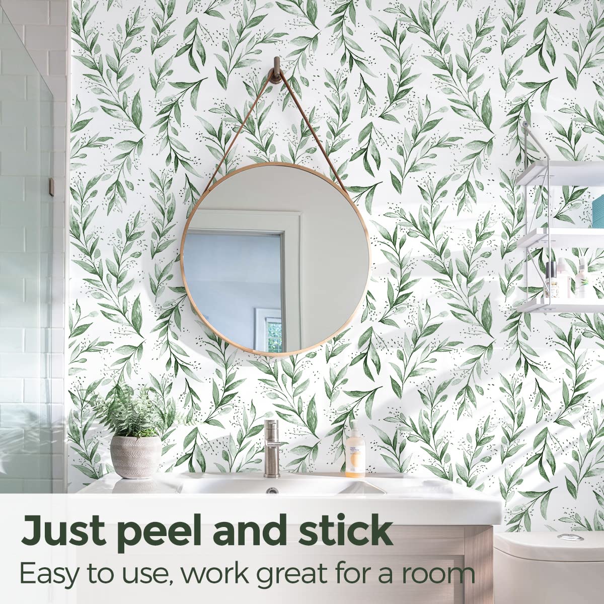 Beautyhero Peel and Stick Wallpaper 17.7 x118.1 Inch Olive Green Leaf Wallpaper Floral Contact Paper Bathroom Vinyl Removable Modern Farmhouse Sage Green Wall Paper Self Adhesive Neutral Wallpaper