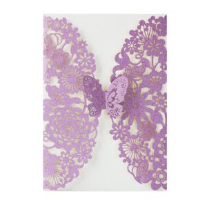 hosmsua 5.1x7.3'' 50pcs purple glitter quinceanera invitation kit laser cut flora butterfly invitation cards pocket with envelopes for bridal shower sweet 16 wedding invitation (purple glitter)