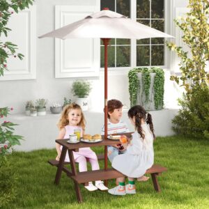 Olakids Kids Picnic Table, Outdoor Toddler Wooden Table and Chair Set with Removable Umbrella, Children Activity Furniture Bench Set for Patio Garden Backyard