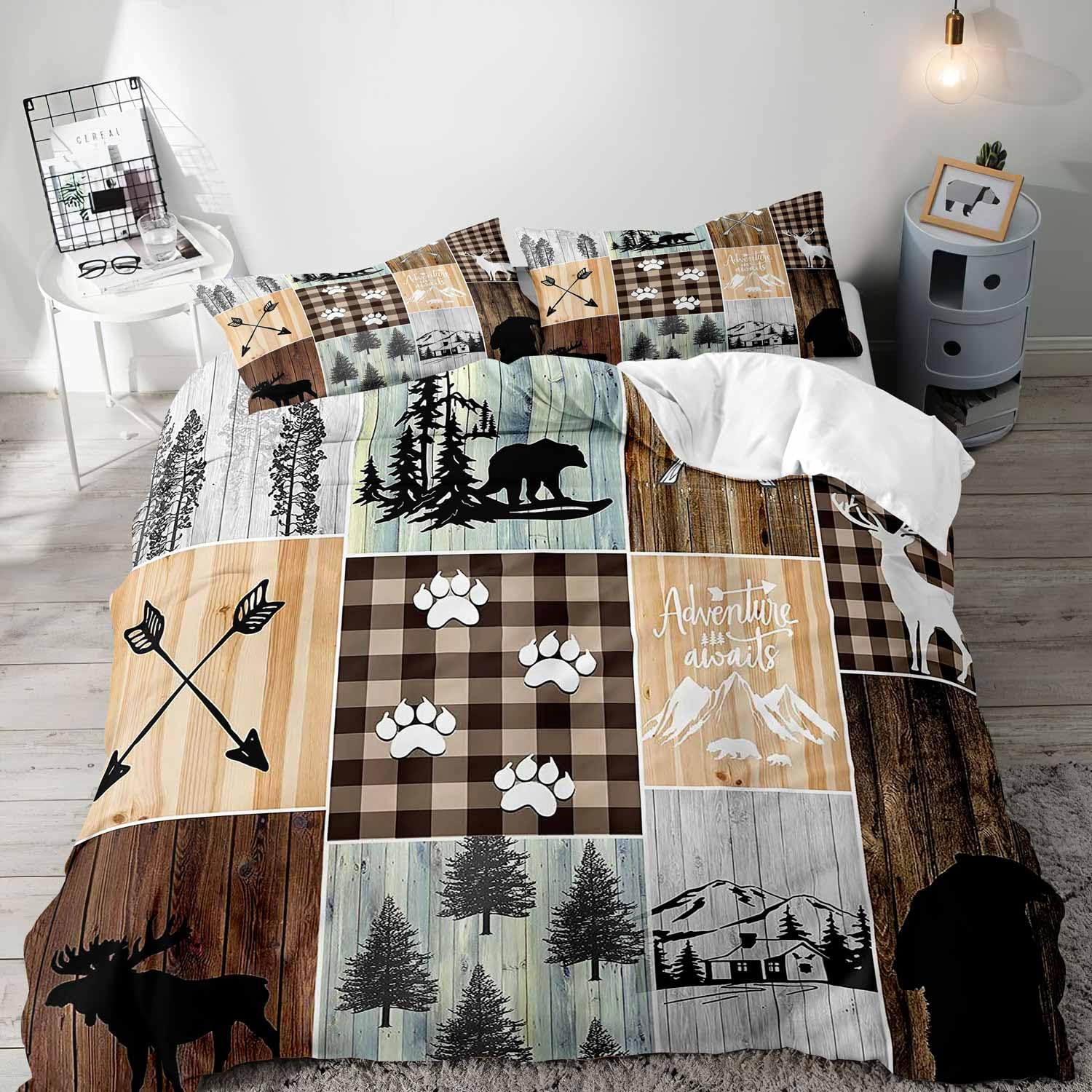 VIVIHOME 3PCS Black Bear Moose Deer Duvet Cover, King Bedding Set, Vintage Brown Plaid Country Farmhouse Rustic Bedding, Forest Animal Wildlife Hunting Cabin Lodge Quilt Comforter Cover, 2 Pillowcases