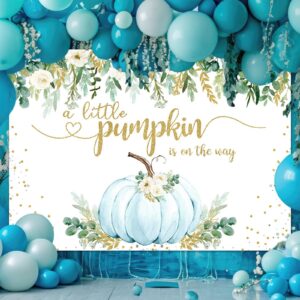 Mocsicka Boy Pumpkin Baby Shower Backdrop Greenery Blue Floral Fall Baby Shower Background A Little Pumpkin is On The Way Baby Shower Party Cake Table Decoration Banner Photo Booth Props (7x5ft)