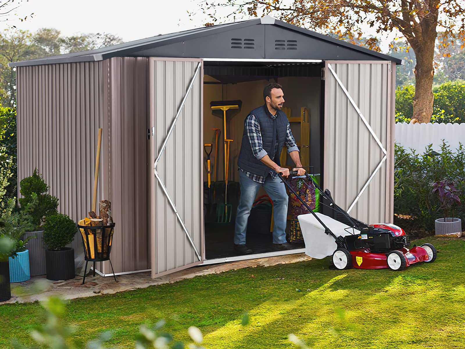 AECOJOY 8' x 10' Metal Storage Shed for Outdoor, Steel Yard Shed with Design of Lockable Doors, Utility and Tool Storage for Garden, Backyard, Patio, Outside use.