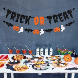 Pre-Strung Trick or Treat Banner - NO DIY - Black Glitter Halloween Banner - Pre-Strung Garland on 8 ft Strand - Pumpkins Ghosts & Bats Halloween Party Decorations & Decor. Did we mention no DIY?