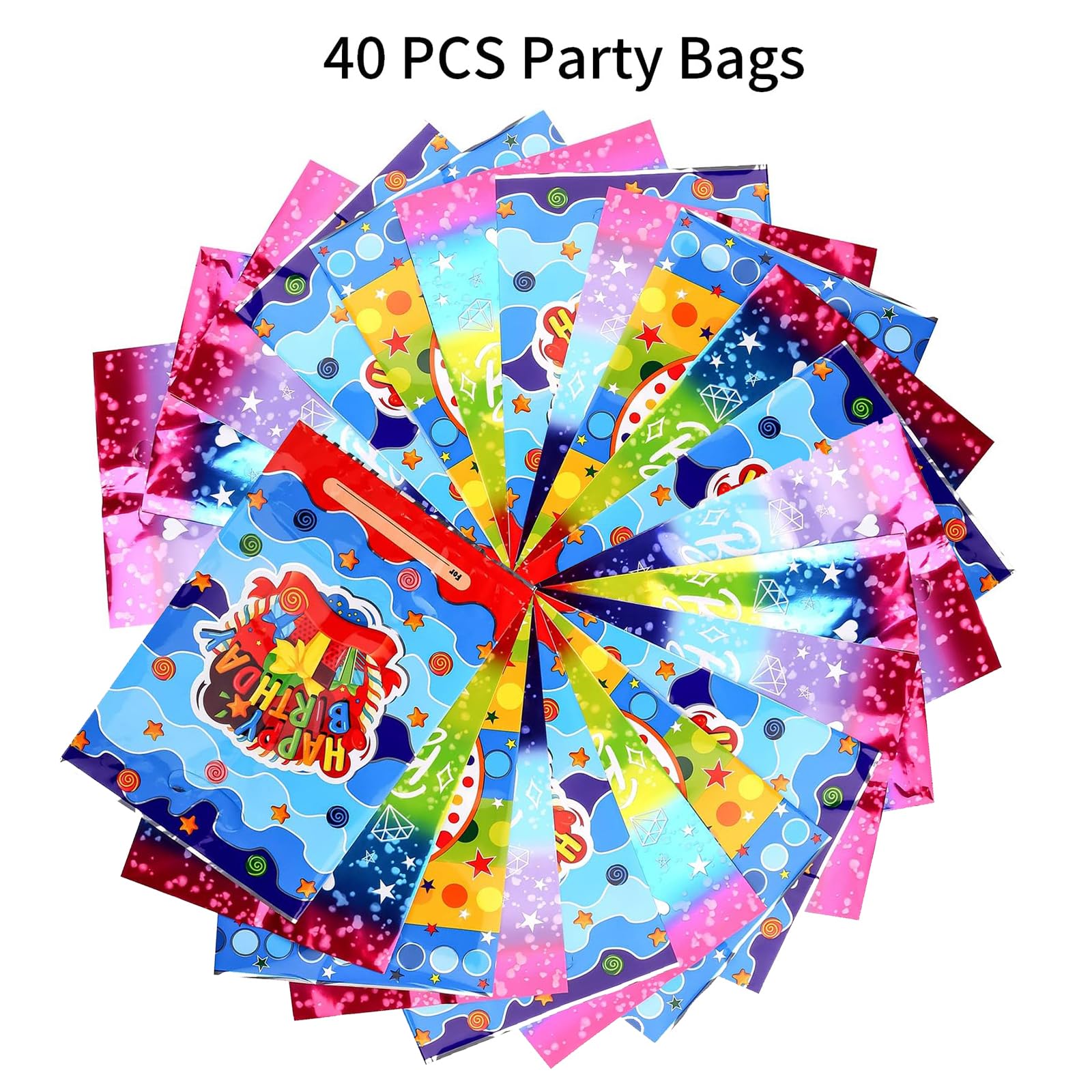 PintreeLand Medium(6.7 * 9.8inch) Happy Birthday Party Favor Bags 40 PCS Plastic Goodies Loot Bags Bulk for Kids Baby Girls & Boys Birthday Return Gift (A Style 40 Packs)