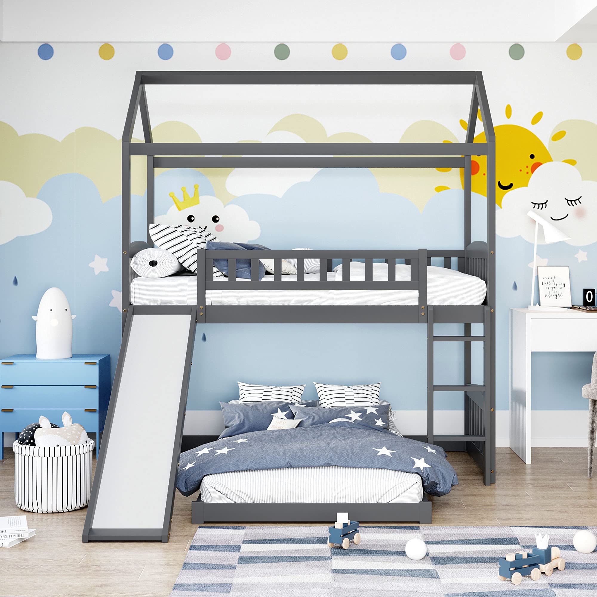 Harper & Bright Designs Twin Over Twin Bunk Bed with Slide, House Bunk Bed with Slide, Playhouse Bed for Toddlers Kids Girls Boys - Gray