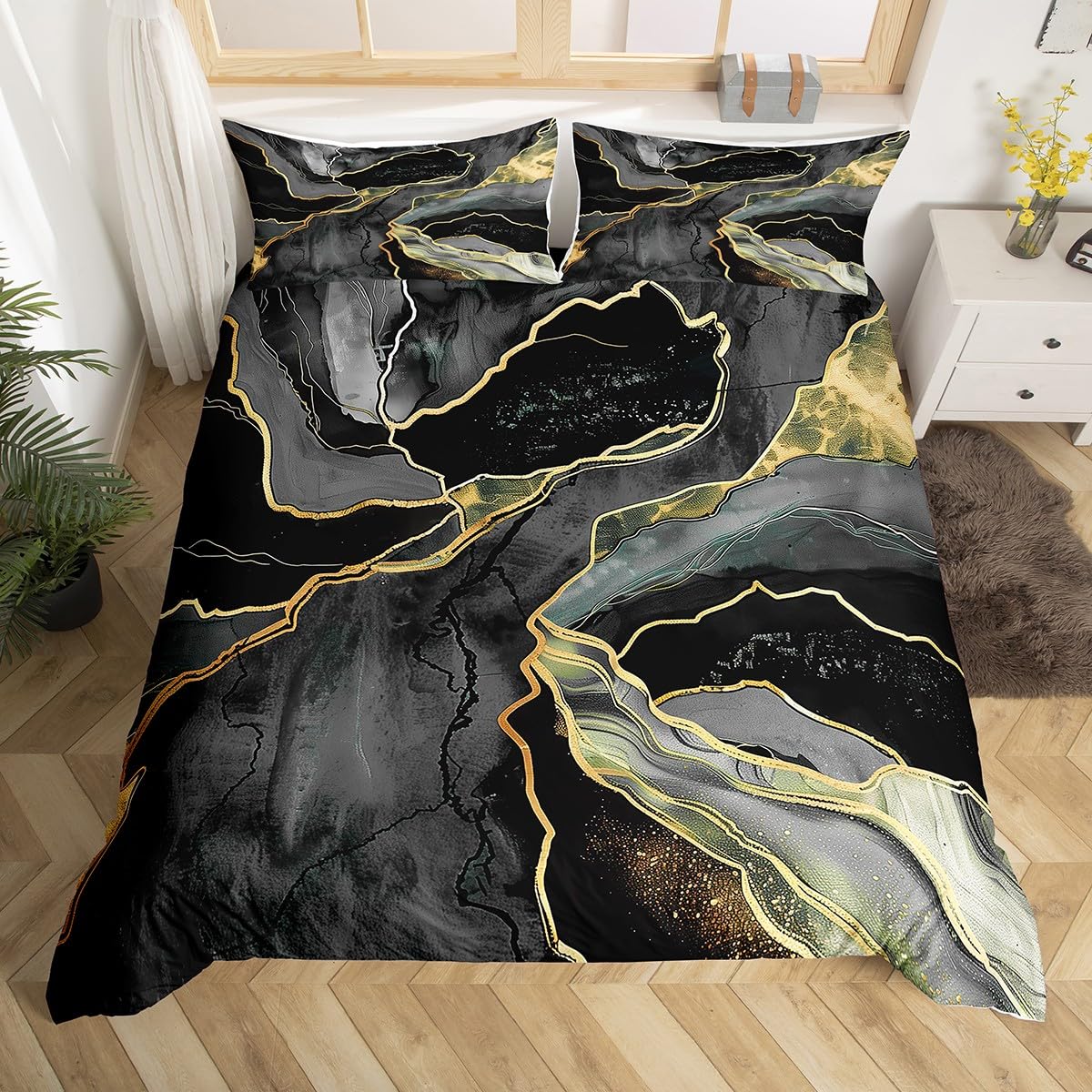 Black Marble Bedding Set Full Size,Black And Grey Marble Duvet Cover,Men Women Teens Boys Modern Gray Gold Abstract Art Tie Dye Comforter Cover,Gothic White Gold Bling Soft Durable Marble Quilt Cover